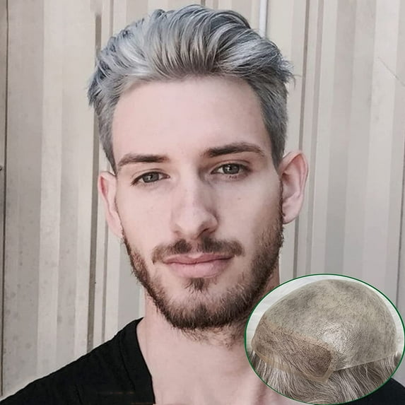 Toupee for Men European Human Hair Swiss Lace Front Hair Pieces PU V-looped Men's Hair Replacement System 1B Black Hair Mixed 80% Grey Hair