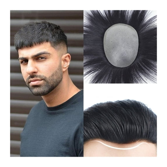 Toupee for Men Thin Skin V-looped PU Base Hair pieces for Men Straight Human Hair Men's Toupee Natural Black Hair Replacement System Unit