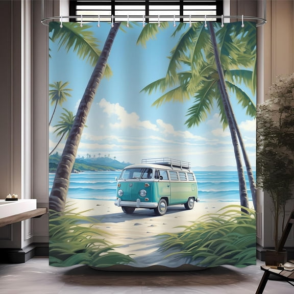 Tour Bus Shower Curtain Palm Tree Beach Ocean Surfboard Surf RV Summer Hawaii Coastal Theme Seaside Vacation Beach Camping Car Bathroom Curtain Decor Set with 12 Hooks 72x72 inches (C)