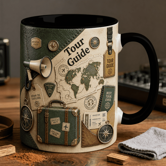 Tour Guide Mug 3D Effect Travel Gift for Tour Leaders with World Map Compass Design
