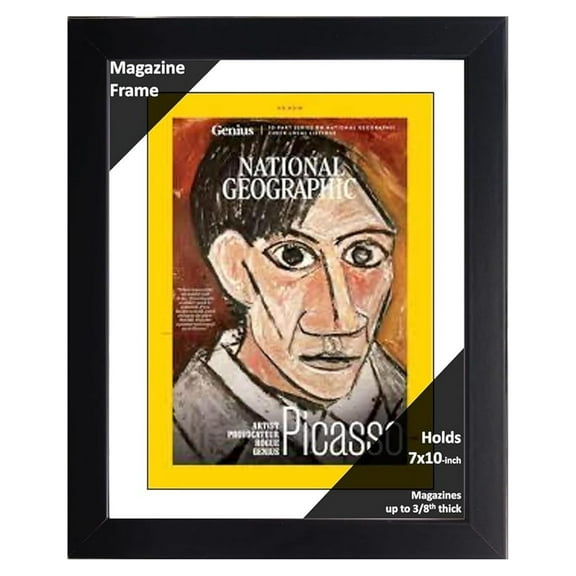 7 x 10 Magazine Geographic Frame with Full-Strength Glass, Holds Up To A 1/4" Thick Media with Installed Hangers for Easy Mounting, 8x12 Black Frame with White Mat