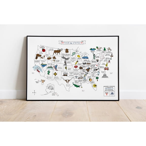 Tour The States Poster, Usa Map Wall Art, Unframed Paper Poster 24x36in
