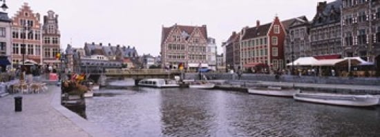 Tour boats docked at a harbor Leie River Graslei Ghent Belgium Canvas Art - Panoramic Images (18 x 7)