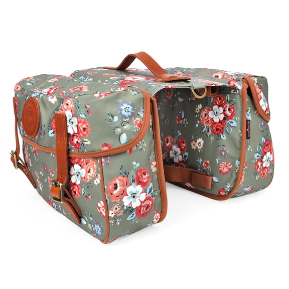 Tourbon Green Floral Bicycle Pannier Bag, Water-Resistant Canvas & Leather Rear Rack Trunk Pack with Removable Shoulder Strap for Women