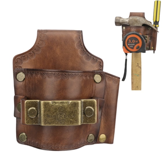 Tourbon Tape Measure & Hammer Holder Heavy Duty Screwdriver Holster Leather Tools Pouch for Belt Brown