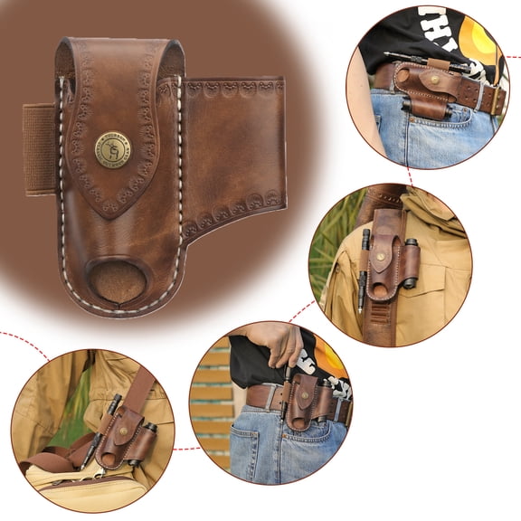 Tourbon Thick Leather Multi-Way Carry EDC Pocket Organizer Multitool Sheath Belt Pouch, Brown, 1 PC