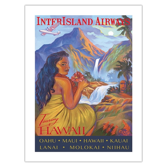 Touring Hawaii - InterIsland Airways - Hawaiian Hula Girl - Oahu Maui Kauai - Vintage Airline Travel Poster by Rick Sharp - Bamboo Fine Art 290gsm Paper (Unframed) 12x16in