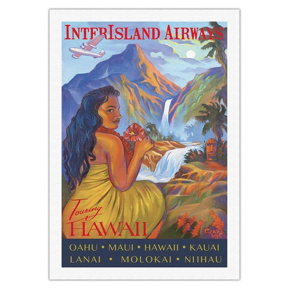 Touring Hawaii - InterIsland Airways - Hawaiian Hula Girl - Oahu Maui Kauai - Vintage Airline Travel Poster by Rick Sharp - Fine Art Rolled Canvas Print 27in x 40in