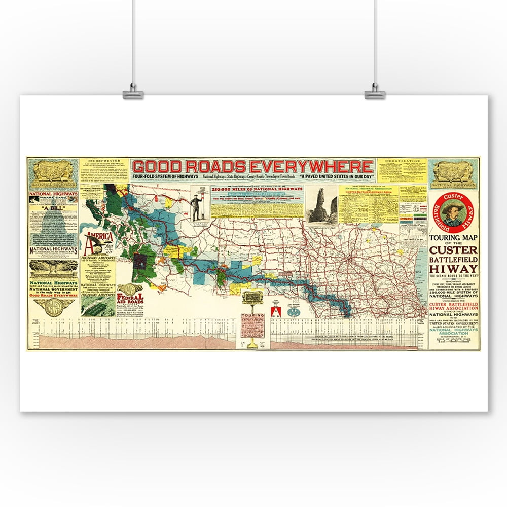 Touring Map of the Custer Battlefield Highway - Panoramic Map (9x12 Art ...