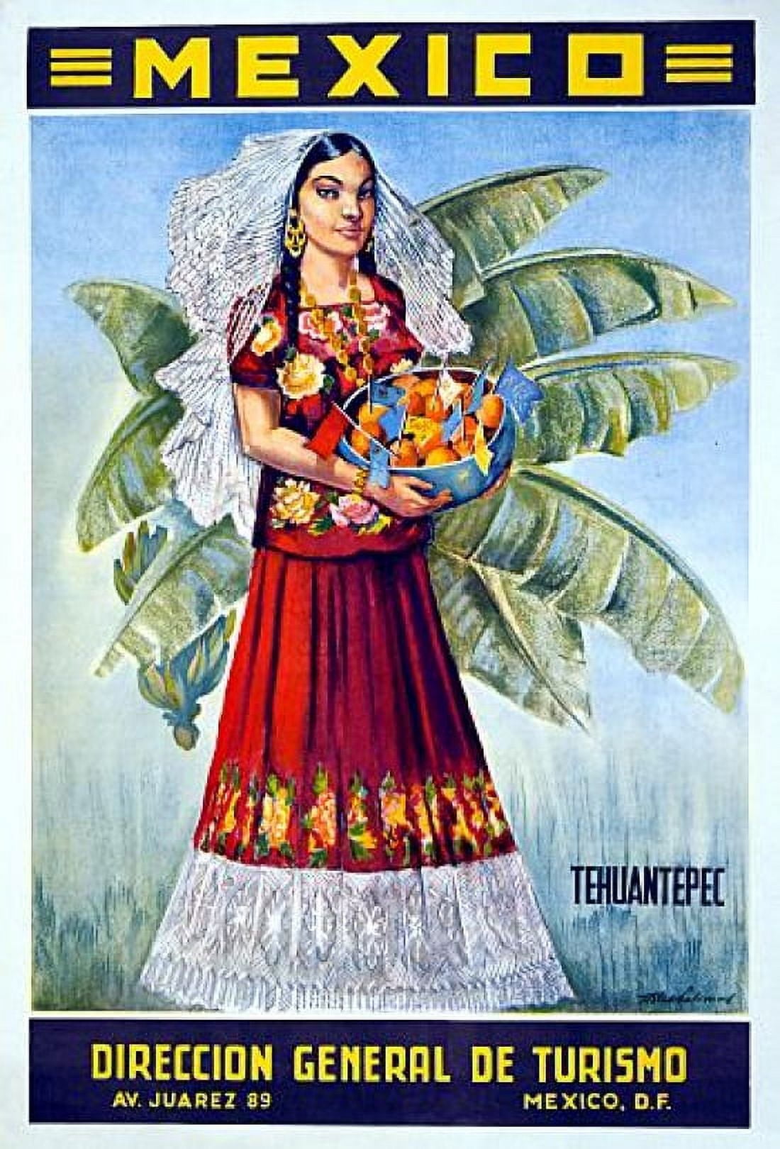 Tourism Mexican Girl Bowl Of Fruit Old Travel Canvas Art - (24 x 36)