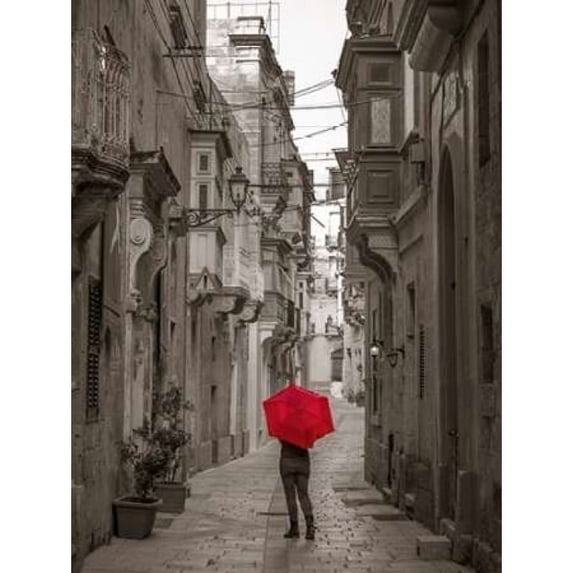 Tourist with umbrella at narrow street on Birgu Malta Poster Print by Assaf Frank