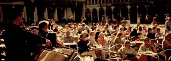 Tourists Listening To A Violinist At A Sidewalk Cafe Venice Italy Canvas Art - Panoramic Images (36 x 13)