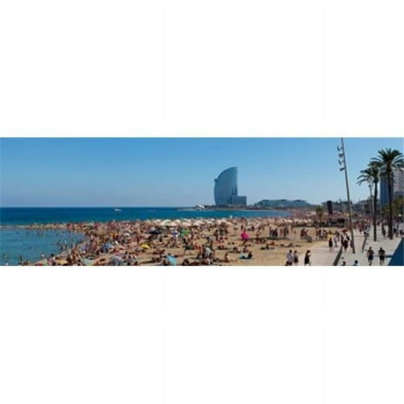 Tourists On The Beach with W Barcelona Hotel in The Background Barceloneta Beach Barcelona Catalonia Spain Poster Print, 36 x 12