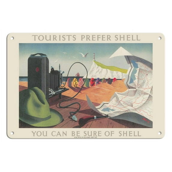 Tourists Prefer Shell (Motor Oil) - Shell-Mex and BP Ltd - Vintage Advertising Poster by Tristram Hillier c.1936 - 8 x 12 inch Vintage Metal Tin Sign