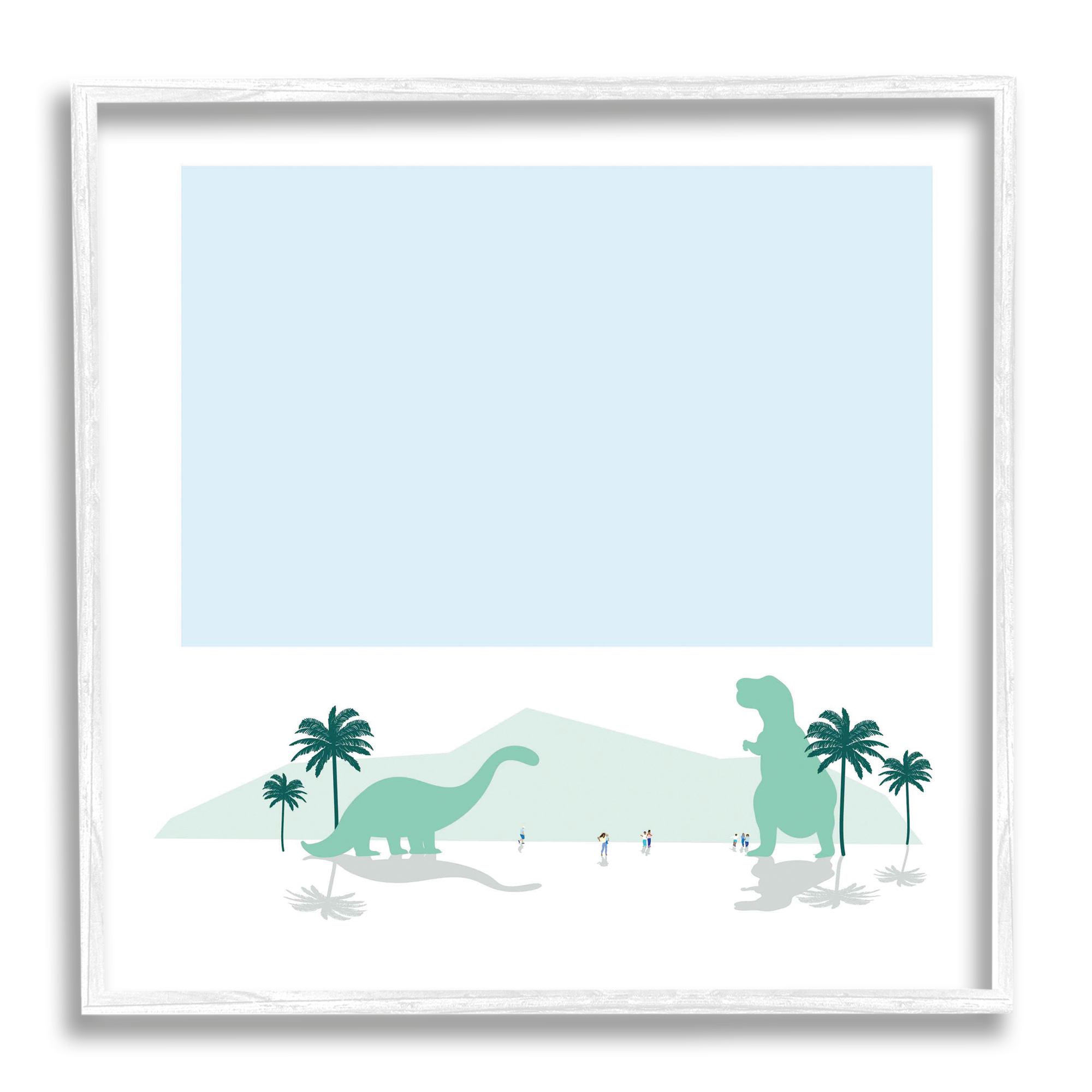 Tourists Watching Dinosaurs Tropical Mountain Fantasy Landscape Animals & Insects Framed Art Print Wall Art, 17x17