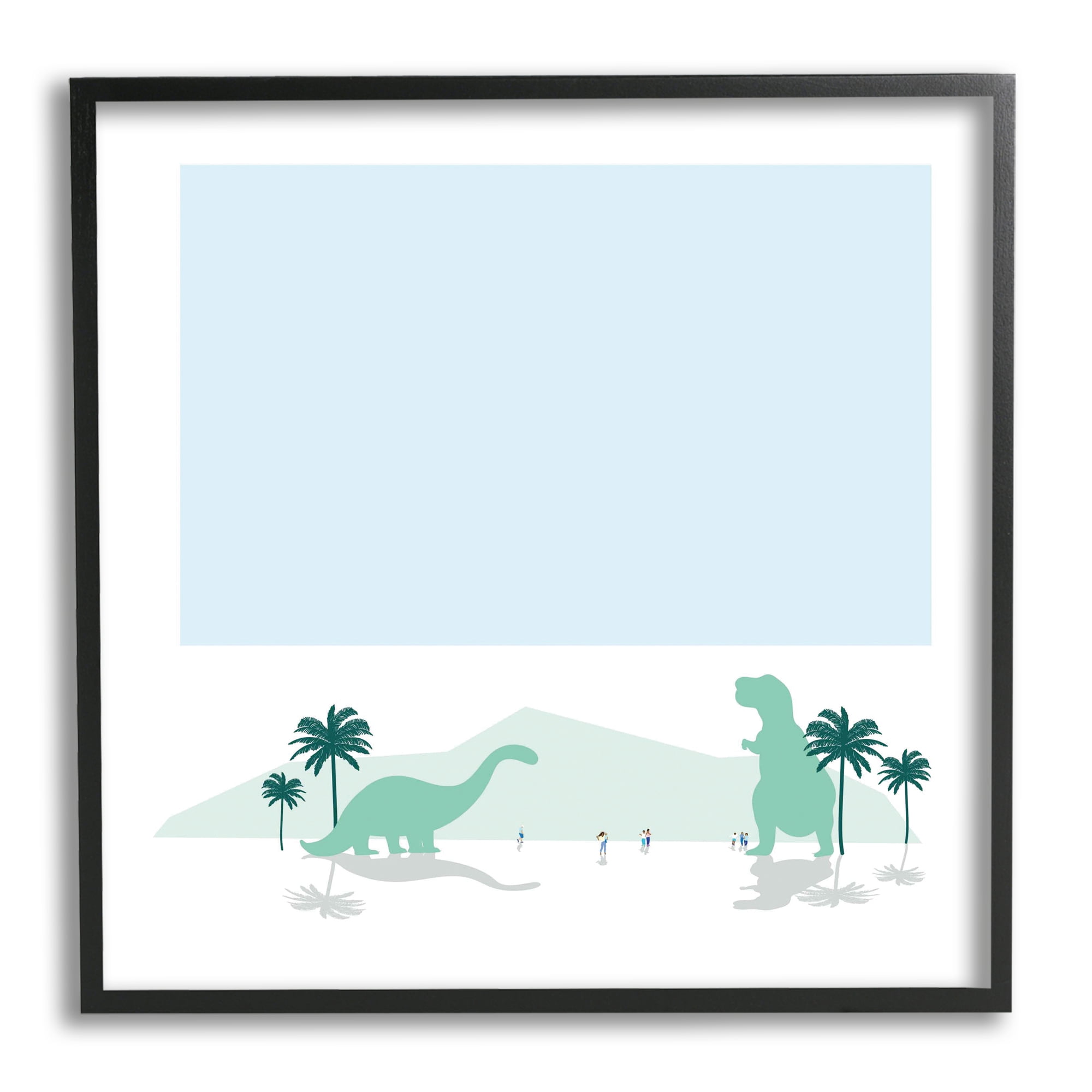 Tourists Watching Dinosaurs Tropical Mountain Fantasy Landscape Animals & Insects Framed Art Print Wall Art, 17x17
