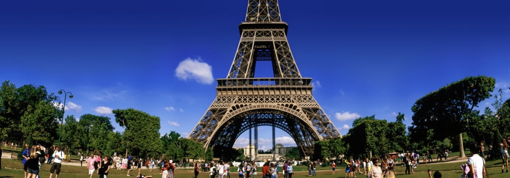 Tourists at Eiffel Tower Paris Ile-de-France France Canvas Art - Panoramic Images (35 x 12)