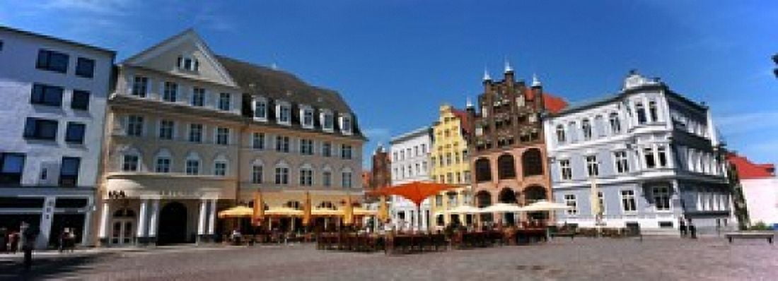 Tourists at a sidewalk cafe Stralsund Mecklenburg-Vorpommern Germany Canvas Art - Panoramic Images (18 x 7)