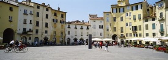 Tourists at a town square Piazza DellAnfiteatro Lucca Tuscany Italy Canvas Art - Panoramic Images (36 x 13)