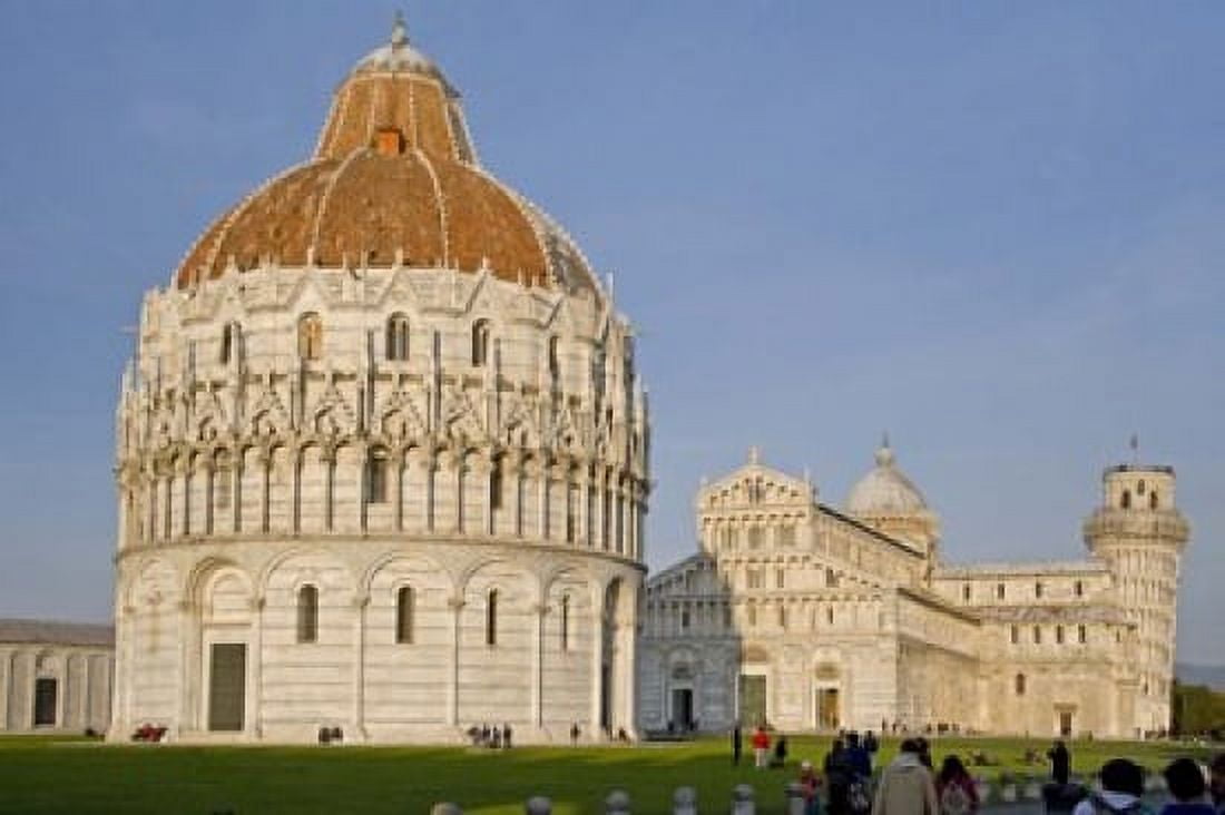 Tourists at baptistery with cathedral Pisa Cathedral Pisa Baptistry Piazza Dei Miracoli Pisa Tuscany Italy Canvas Art - Panoramic Images (36 x 24)