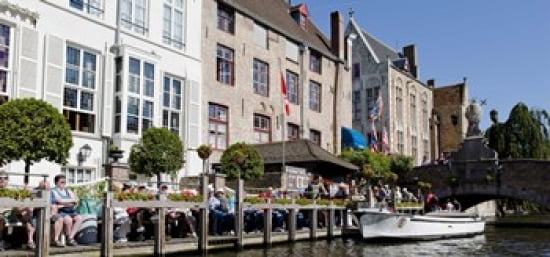 Tourists at the canalside Bruges West Flanders Belgium Canvas Art - Panoramic Images (24 x 12)