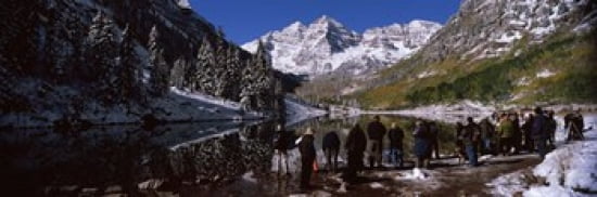 Tourists at the lakeside Maroon Bells Aspen Pitkin County Colorado USA Canvas Art - Panoramic Images (36 x 12)