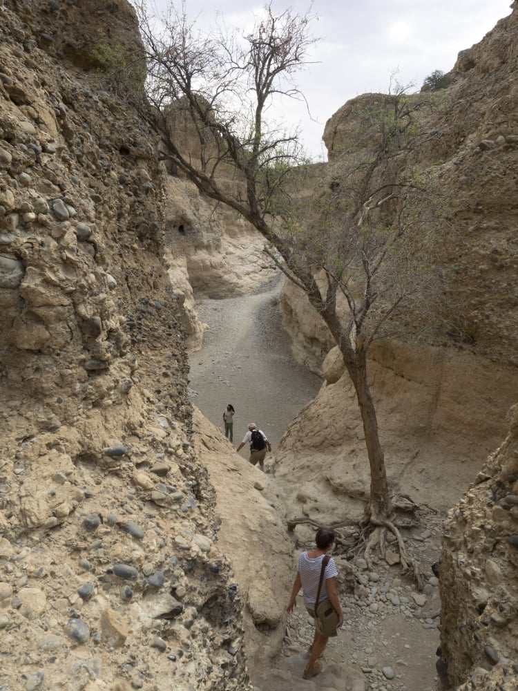 Tourists climbing down into Sesriem gorge Namib-Naukluft National Park Hardap Namibia Canvas Art - Panoramic Images (12 x 16)