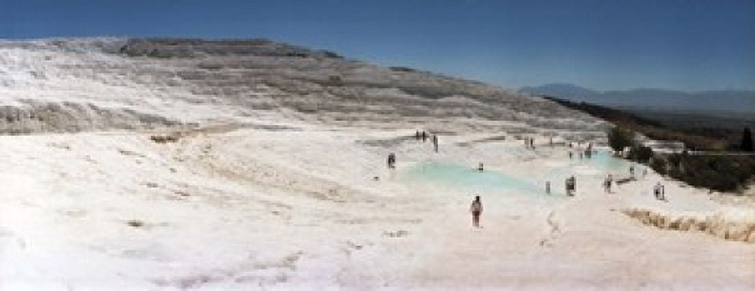 Tourists enjoying the hot springs and travertine pool Pamukkale Denizli Province Turkey Canvas Art - Panoramic Images (15 x 6)