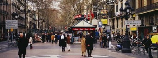 Tourists in a street Barcelona Spain Canvas Art - Panoramic Images (36 x 13)