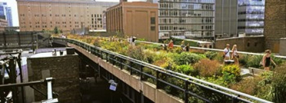 Tourists in an elevated park High Line Manhattan New York City New York State USA Canvas Art - Panoramic Images (18 x 7)