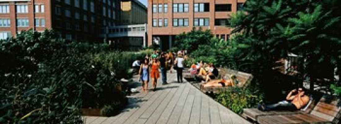 Tourists in an elevated park High Line New York City New York State USA Canvas Art - Panoramic Images (36 x 13)