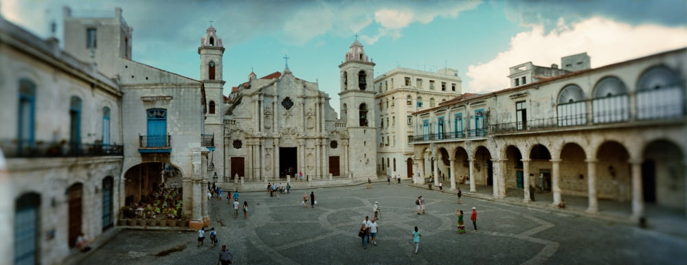 Tourists in courtyard in front of the Havana Cathedral Havana Cuba Canvas Art - Panoramic Images (6 x 15)