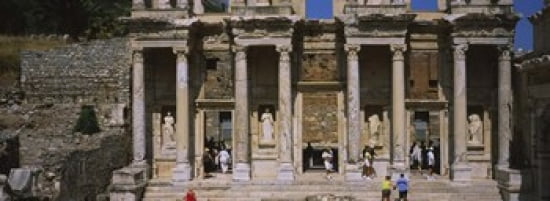 Tourists in front of the old ruins of a library Library At Epheses Ephesus Turkey Canvas Art - Panoramic Images (36 x 13)