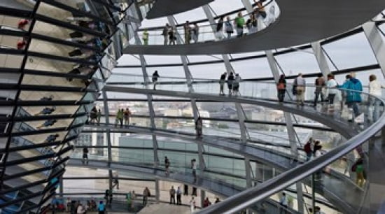 Tourists near the mirrored cone at the center of the dome Reichstag Dome The Reichstag Berlin Germany Canvas Art - Panoramic Images (24 x 14)