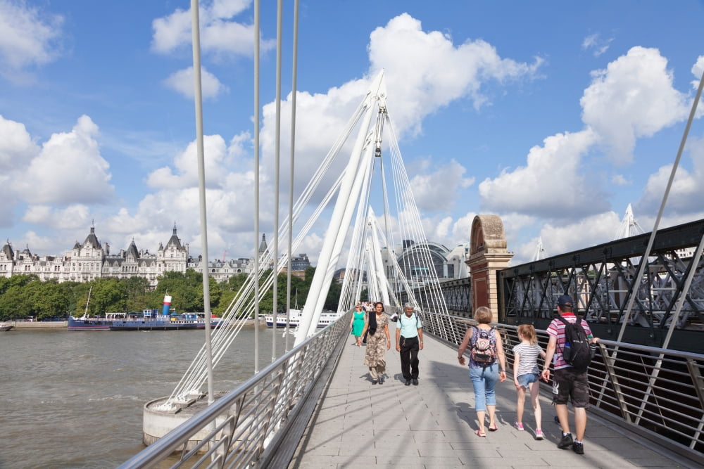 Tourists on Golden Jubilee Bridge Thames River London England Canvas Art - Panoramic Images (27 x 9)