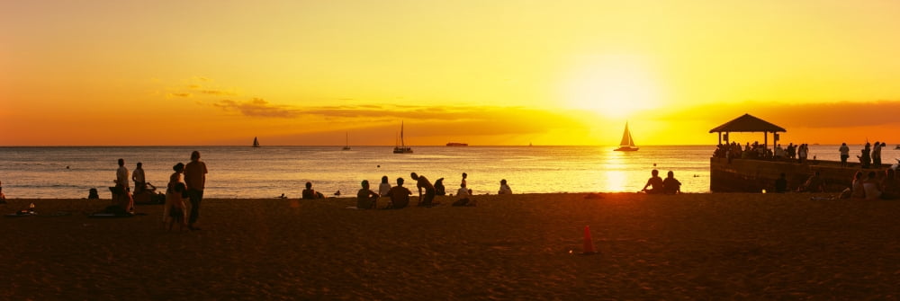 Tourists on Waikiki Beach Oahu Hawaii Islands Hawaii USA Canvas Art - Panoramic Images (6 x 18)