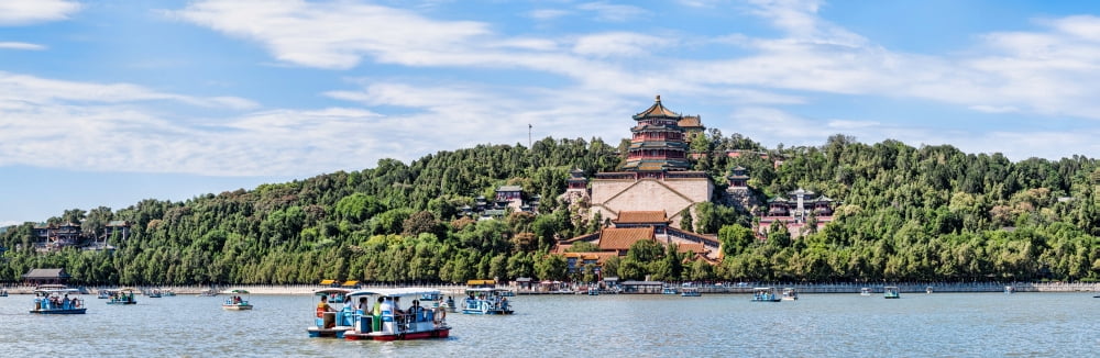 Tourists on boats in a lake with a palace in the background Summer Palace Kunming Lake Beijing China Canvas Art - Panoramic Images (12 x 36)