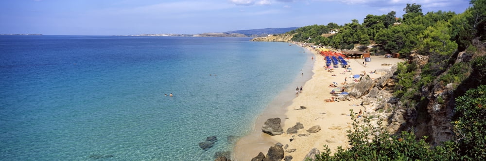 Tourists on the beach Platis Gialos Beach Cephalonia Ionian Islands Greece Canvas Art - Panoramic Images (27 x 9)