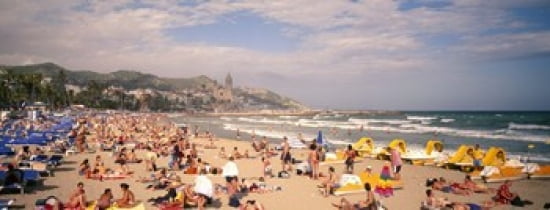 Tourists on the beach Sitges Spain Canvas Art - Panoramic Images (30 x 12)