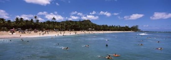 Tourists on the beach Waikiki Beach Honolulu Oahu Hawaii USA Canvas Art - Panoramic Images (36 x 13)