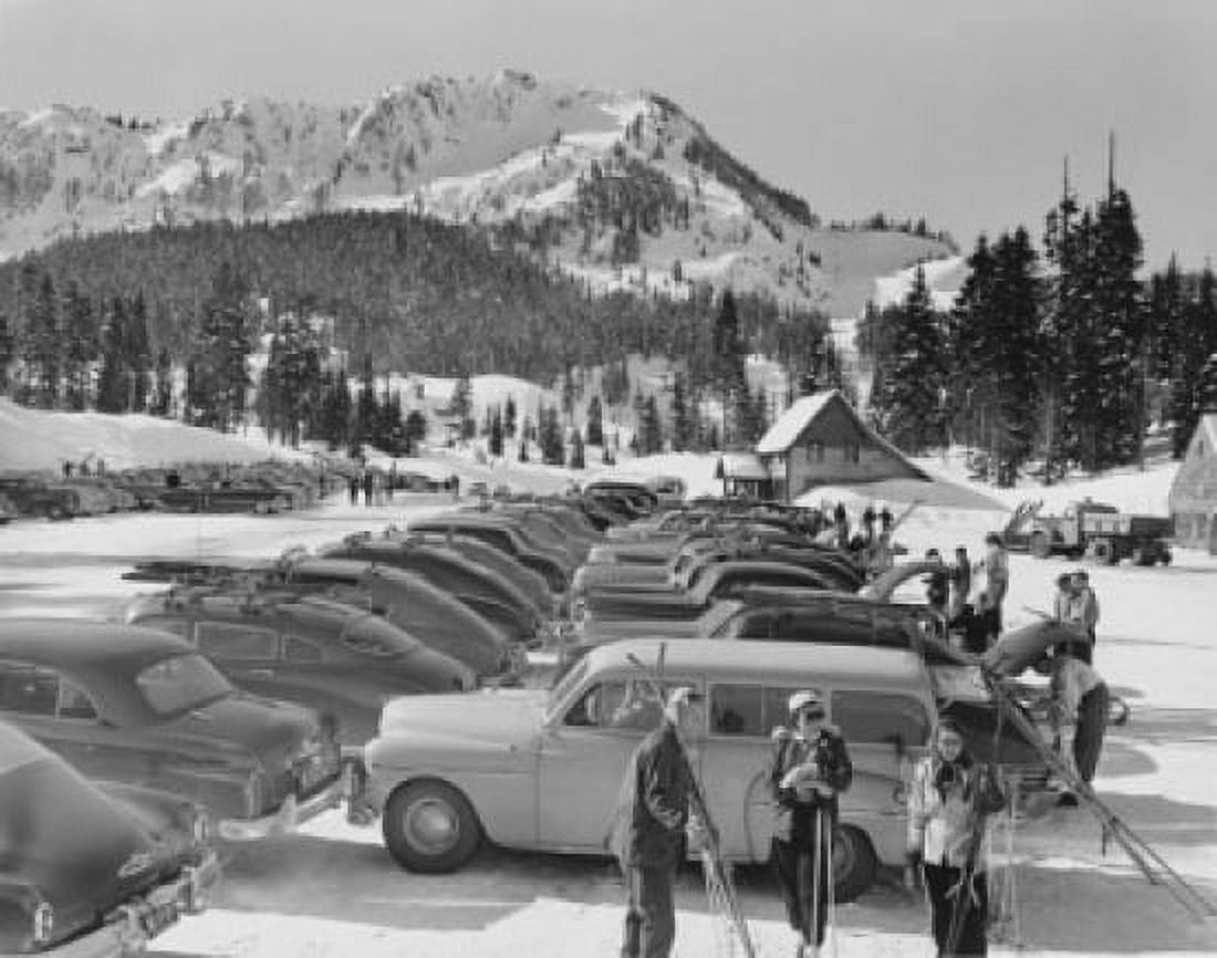 Tourists standing near parked cars in a parking lot Cross State Highway Stevens Pass Washington USA Canvas Art - (24 x 36)