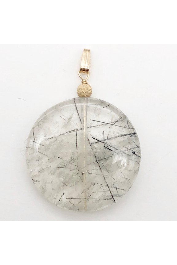 Tourmalated Quartz Beautiful Round 14K Gold Filled Pendant | 30mm | Disc |