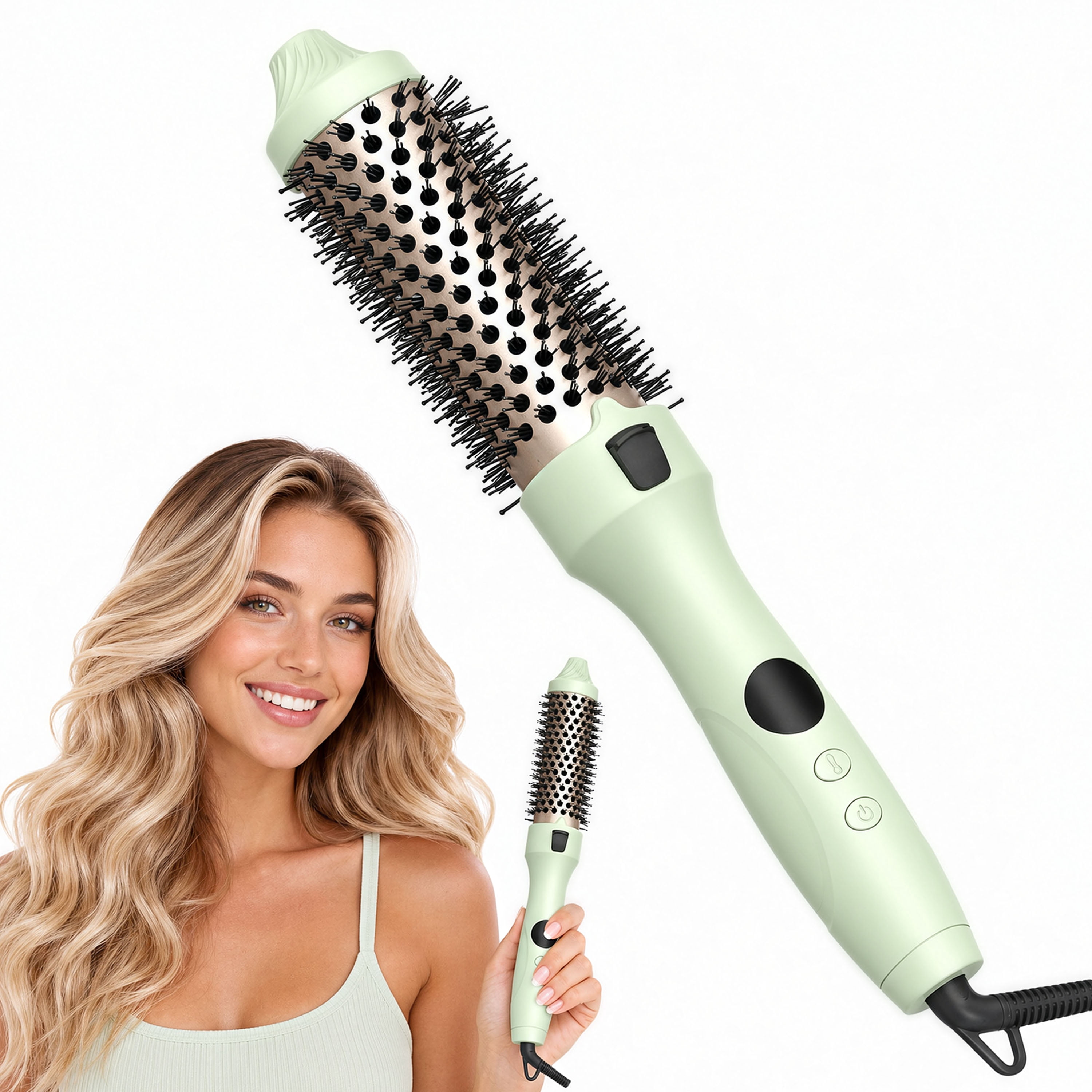 Tourmaline-Coated 1.5 Inch Round Heated Curling Hair Brush, Quick-Heat, Dual-Voltage, Green