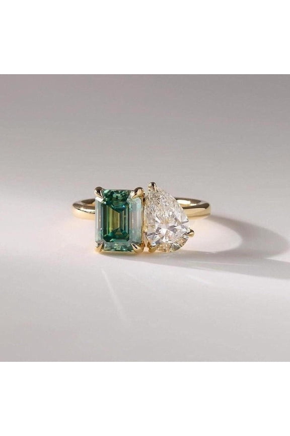 Tourmaline Moissanite Promise Engagement Ring, Two Stone Ring, Moi Et Toi Ring Anniversary, Mother Daughter Ring Gift for Her Green Gem Gift