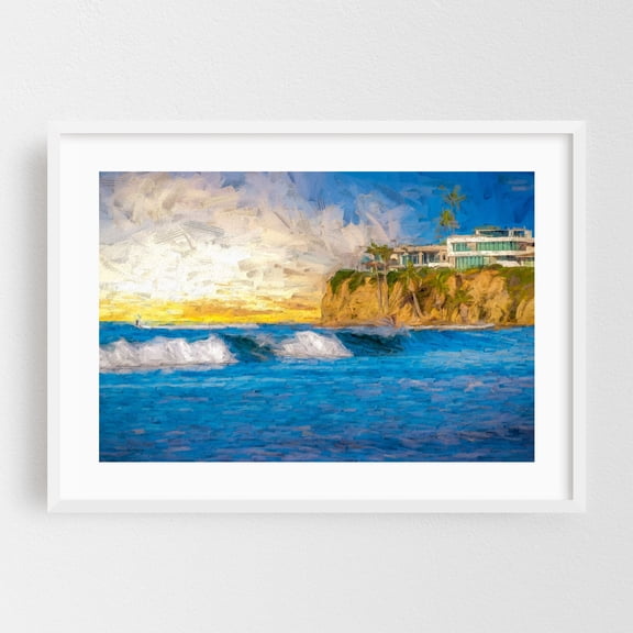 From Tourmaline - Painterly Style - San Diego California Digital Art Coastal Ocean Sunset Beach House Waves Surf Landscape White Framed Wall Art Print 5 x 7 inches