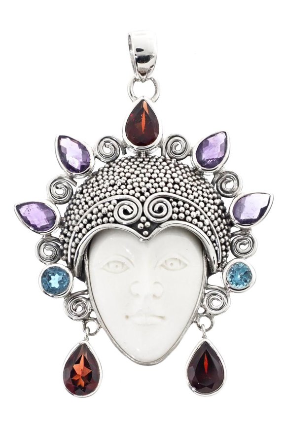 Tourmaline Peridot Multi Gem Goddess Buffalo Bone 925 Sterling Silver Pendant, 2 1/2"