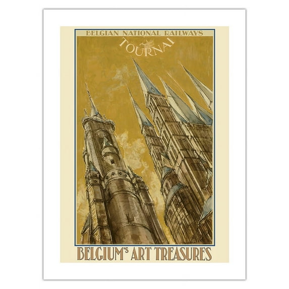 Tournai Belgium - The Cathedral of Our Lady - Belgian National Railways - Vintage Railroad Travel Poster by Armand Massonet c.1935 - Bamboo Fine Art 290gsm Paper Print (Unframed) 18x24in