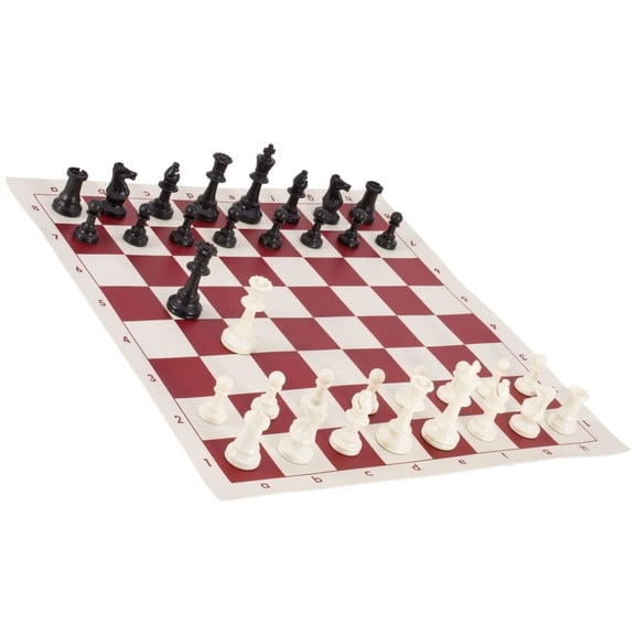 Tournament Chess Set - Heavy Double Weighted Tournament Chess Pieces with Burgundy/White Roll-up Chess Board