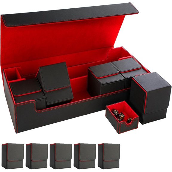 Tournament-Ready Card Case with 5 Commander Deck Boxes & Dice Tray, Magnetic Storage Case Holds 1000+ Cards, Portable All-in-One System for MTG, Yu-Gi-Oh!, TCG, Multicolor (Black/Red)