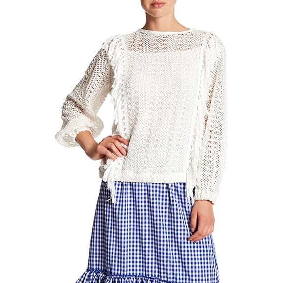 Tov Open Knit Fringe Pullover - White (42)